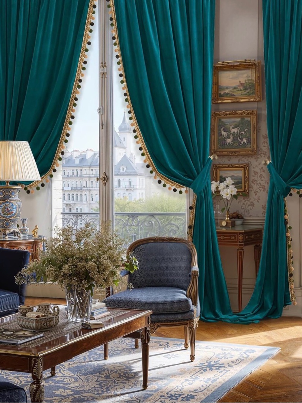 2 Panels Teal Velvet Window 96 “ Curtains with Gold Trim and Pom-Pom Accents - Picture 2 of 9